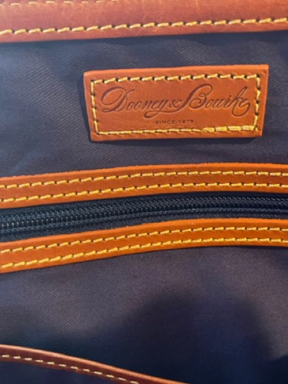Dooney & Bourke Black/Blue SF Monogram Satchel with Brown Trim